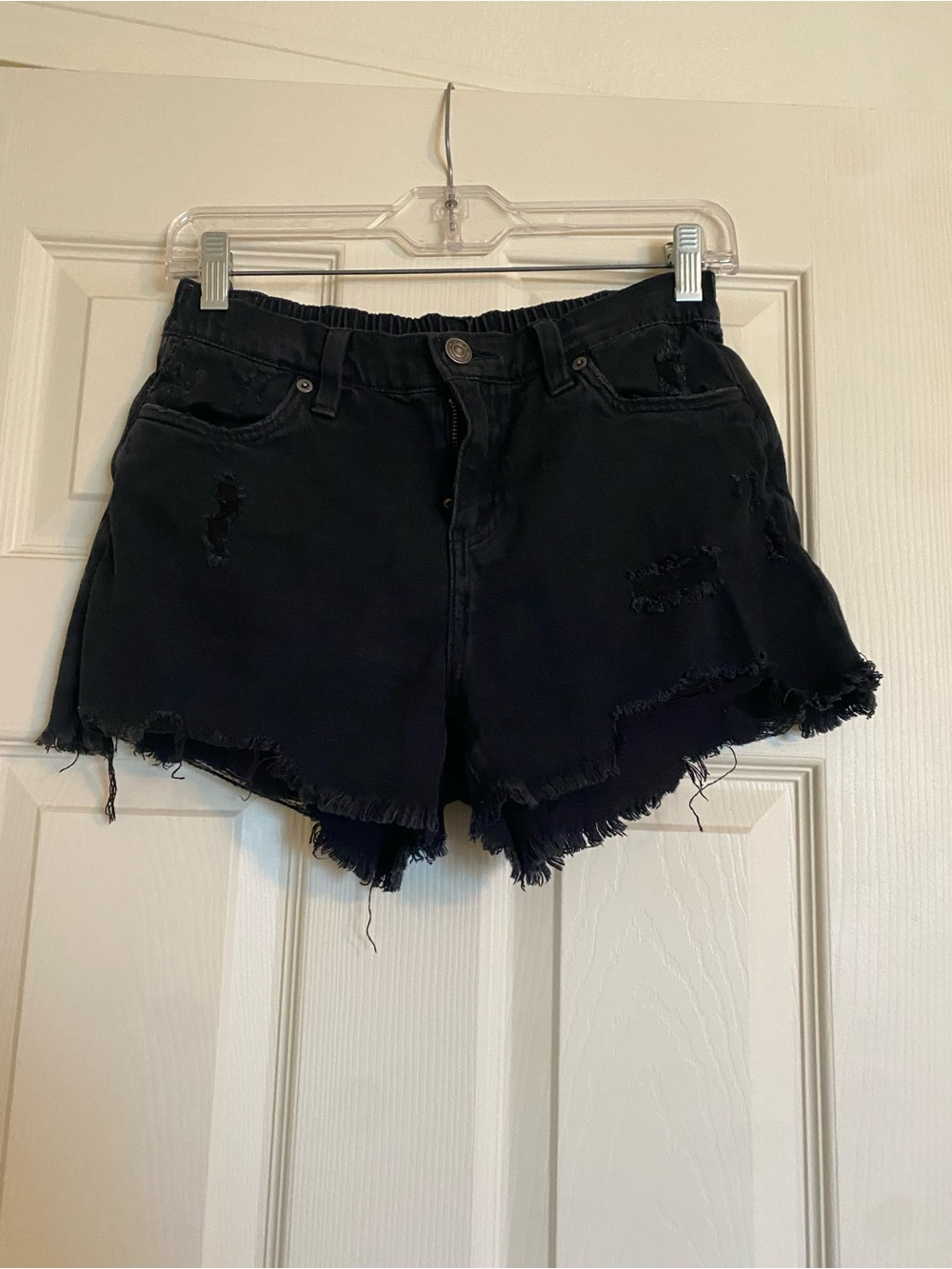 Aerie Black Distressed Women's Elastic Waist Denim Shorts